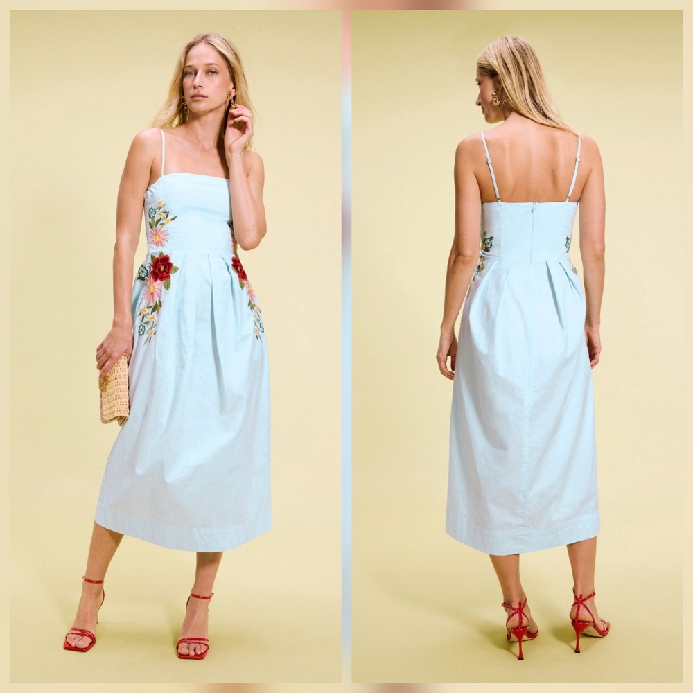 Fanm Mon Sadine Light Blue Embroidered Floral Midi Dress